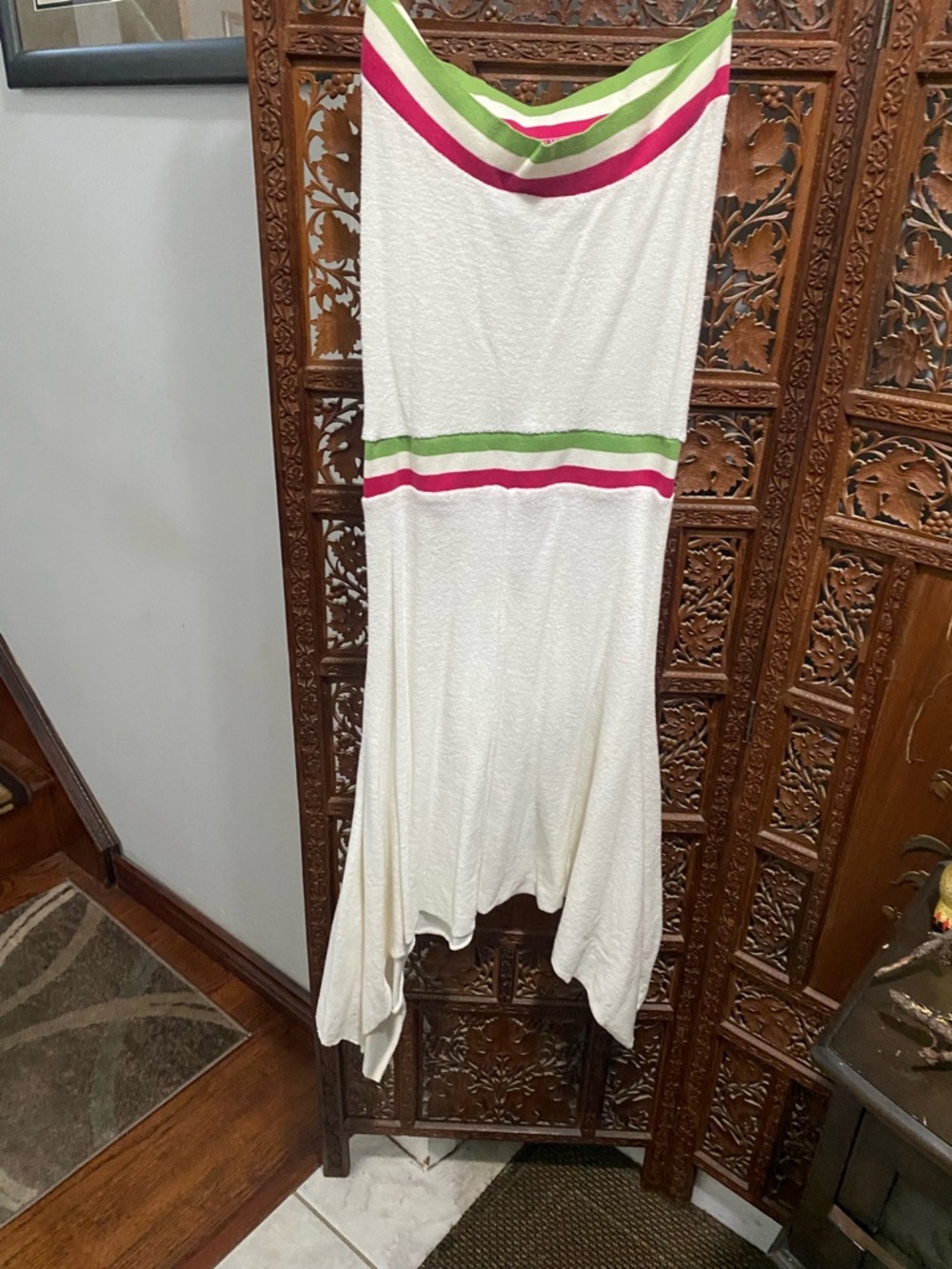 Strapless White Maxi Dress with Pink & Green Stripes